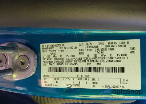 2020 Ford Escape Se z USA, uszkodzony, nr VIN 1FMCU9G65LUC69295